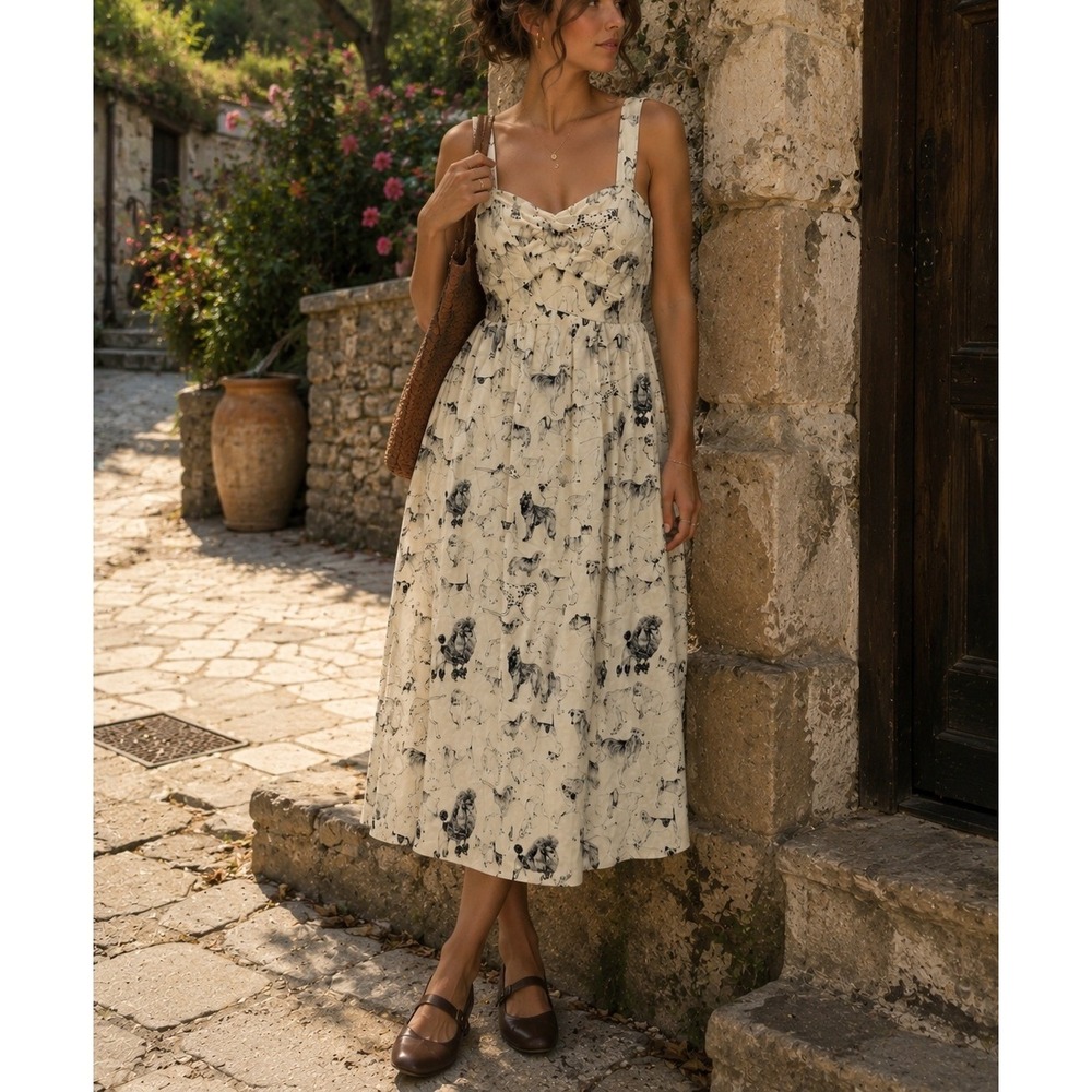 Maeve Anthropologie Fetch & Frolic Dog Print Ivory Midi Dress Whimsical 4